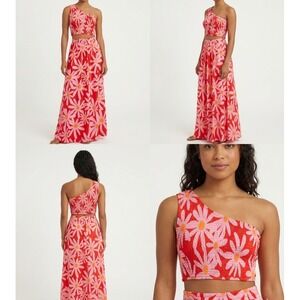 Anrabess 2 Piece Skirt Set Womens XL Red Floral One Shoulder Crop Top Maxi Skirt